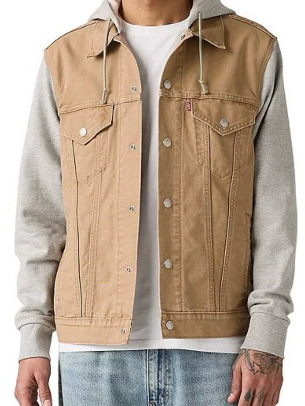 Levi's Tan hybrid hoodie Trucker Jacket with Gray Hooded Sleeves tigers eye